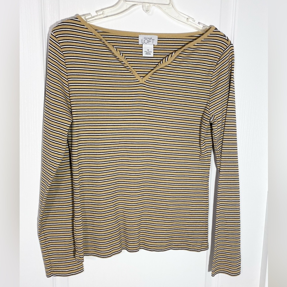80s VTG LOFT Striped Split Neck Long Sleeve Ribbed Knit Top Tan Black Medium